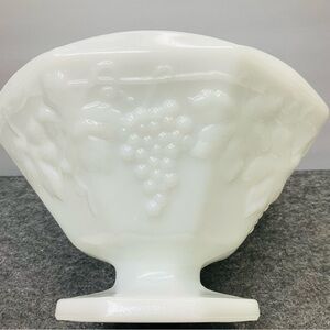Vintage 9” White Milk Glass Scalloped Fruit Bowl Grape Vine Pattern Octagon